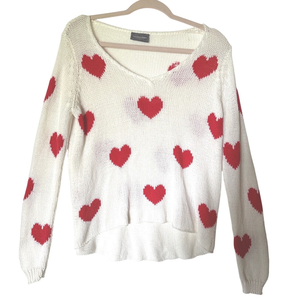 Wooden Ships Paola‎ Buendia White Red Heart Knit V-Neck Sweater XS/S High-Low